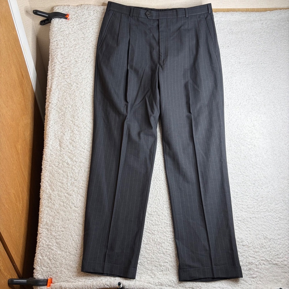 Brooks Brothers 346 Men Charcoal Pinstripe Pleated Wool Stretch Dress Pant 37x33